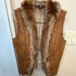 Orvis Plush Faux Suede Shearling Vest Ex-Small Cognac Brown Western Boho